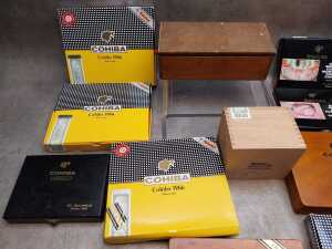 A group of timber cigar and cigarette boxes