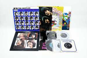 A collection of Beatles vinyl records, including '60s pressings