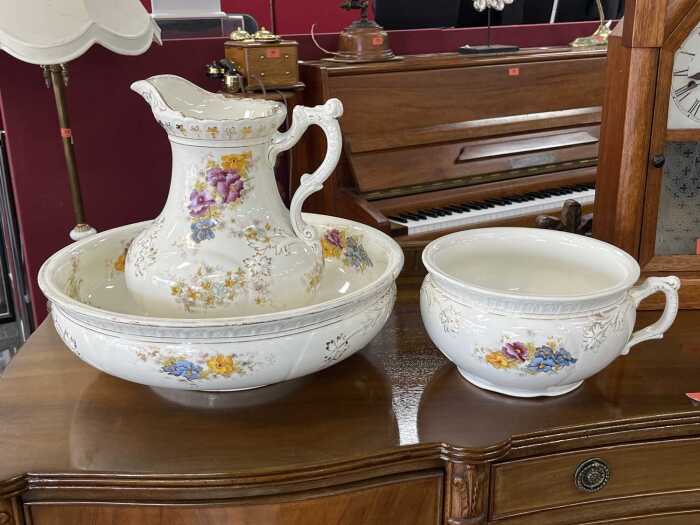 Antique ceramic washstand set with floral transfer design and gilding