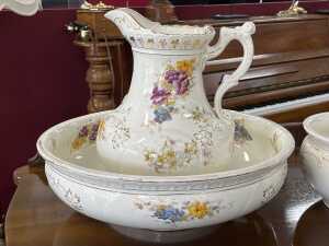 Antique ceramic washstand set with floral transfer design and gilding - 2