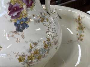 Antique ceramic washstand set with floral transfer design and gilding - 5