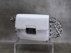 Designer-style handbag in white and silver tones.