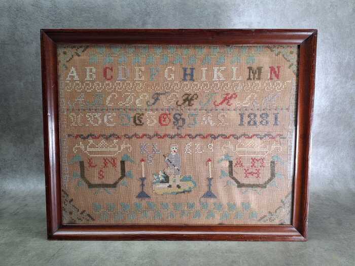 Antique framed cross stitch sampler dated 1881