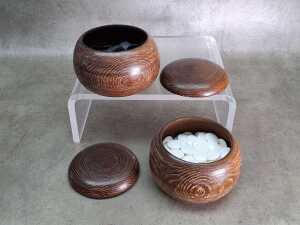 Japanese Go Stones Goishi black and white pieces in timber bowls
