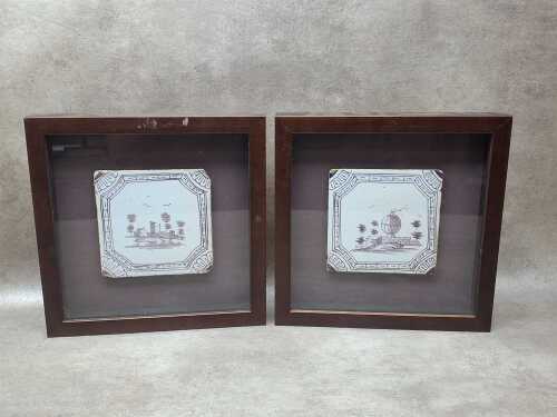 Two framed 18th-century hand-painted Delft manganese purple ceramic tiles