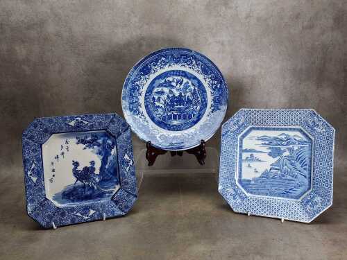 Three antique blue and white ceramic export ware plates