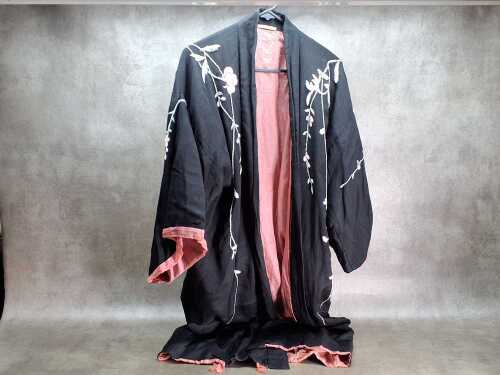 Vintage Japanese black silk Kimono with pink silk lining