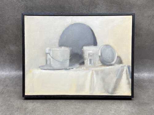 Barbara Coggin, still life in cream and grey. Oil painting on board