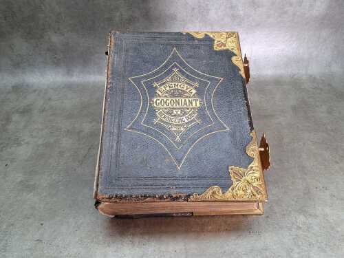 Antique Welsh bible with metal bindings.