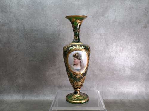 Antique gilt and hand painted green glass vase