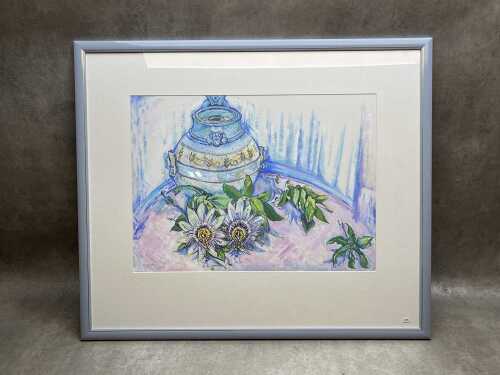 Betty Jungwirth, Passionflower and Szirer Ceramic. Gouache painting on paper