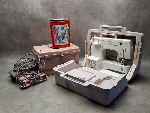 Bernina Matic sewing machine, accessories and sewing box.