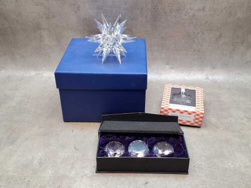 Three crystal decorative items including Swarovski