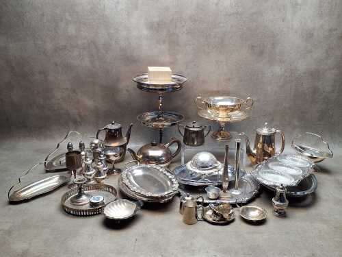 Assorted silver plate, mainly tableware