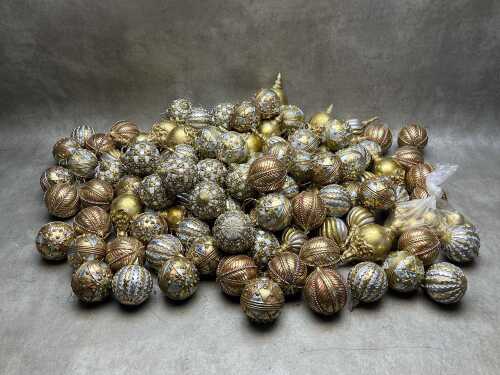 Collection of gold and silver Christmas baubles