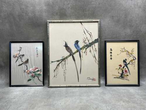 Three Oriental artworks depicting birds