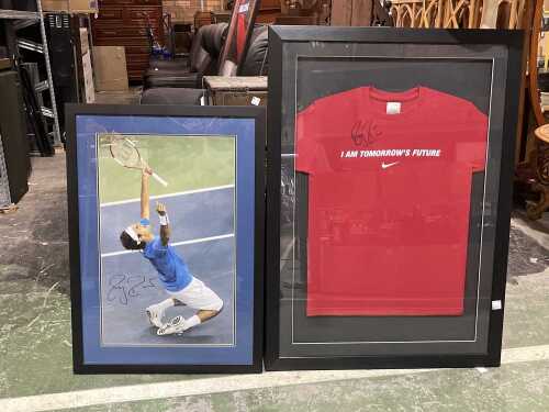 Two framed and signed Roger Federer pieces of sporting memorabilia