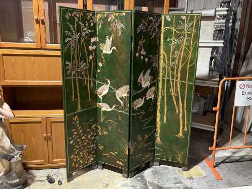 Four-panel Chinese lacquered engraved screen