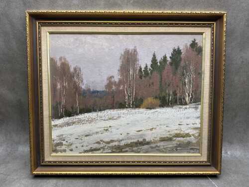 Alfejs Bromults (Latvian, 1913-1991), Tuvojas Pavasars (Spring is Coming), 1982. Oil painting on board