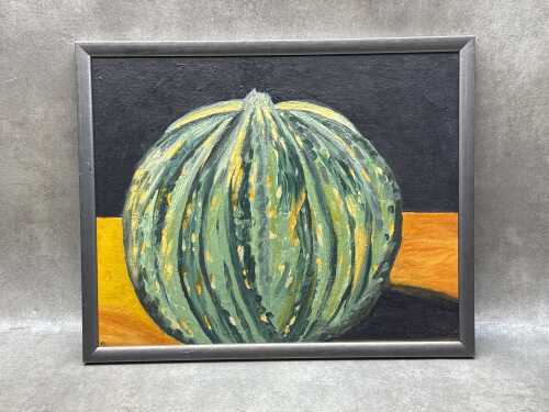Artist unknown, still life of pumpkin. Oil painting on board