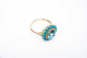 A blue topaz, diamond and turquoise ring in 14 carat yellow gold - 2
