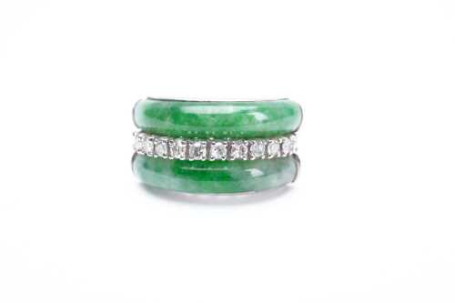 A vintage jade and diamond ring in 18 carat white gold