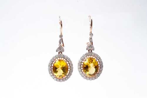 A pair of heliodor and diamond earrings in 14 rose gold