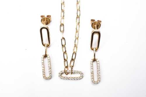 A diamond necklace and earring set in 14 carat yellow gold