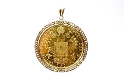 A 1915 Austrian 4 Ducat coin in 23 carat gold in 14ct gold frame