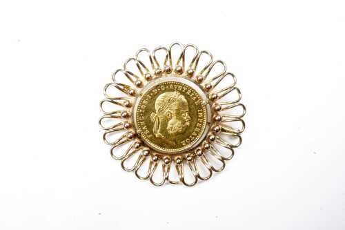 A 1915 Austrian 1 Ducat coin in 23 carat gold in a 14carat yellow gold brooch