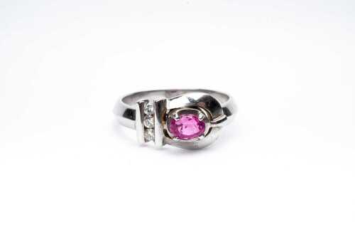 A ruby and diamond ring in 18ct white gold