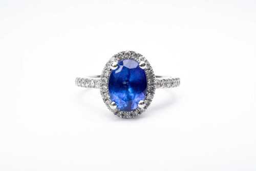 A tanzanite and diamond ring in 14 carat white gold