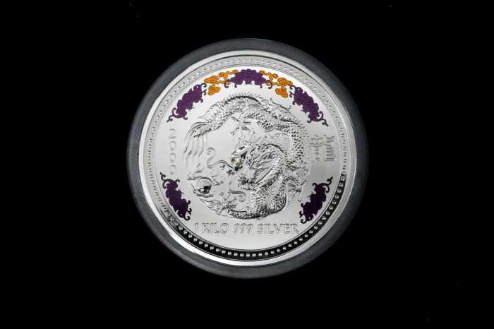 Kilo Dragon with diamond eyes, silver proof coin 1kg