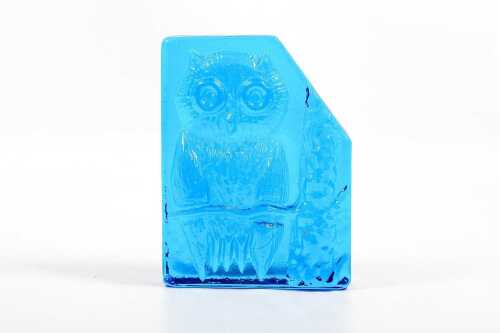 64 · Eneryda Glasbruk mid-century solid glass owl sculpture in blue, c.1970