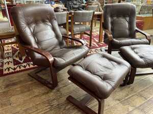 Pair of mid-century armchairs with matching footstools - 2