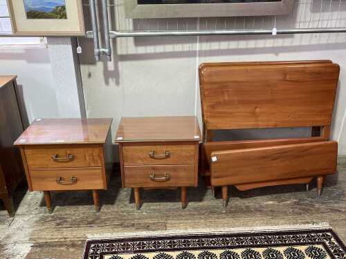Pair of Myer Heritage mid-century myrtle single bedframes and matching bedsides