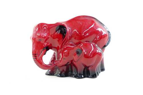 Royal Doulton flamb&eacute; Elephant and Young porcelain figure