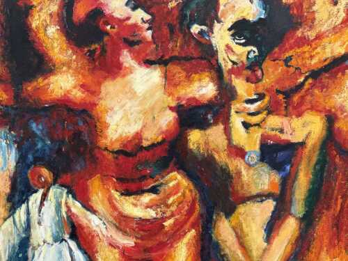 Cate Maddy, untitled abstract in orange and red. Oil painting on canvas