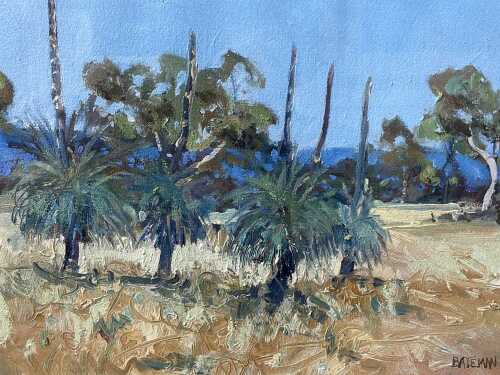 Piers Maxwell Dudley Bateman (1947-2015), Australian landscape with grass trees. Oil painting on board