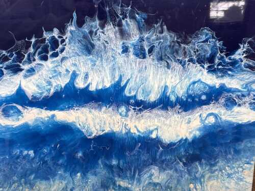 Artist unknown, abstract in blue, white and yellow, 2020. Resin painting on board