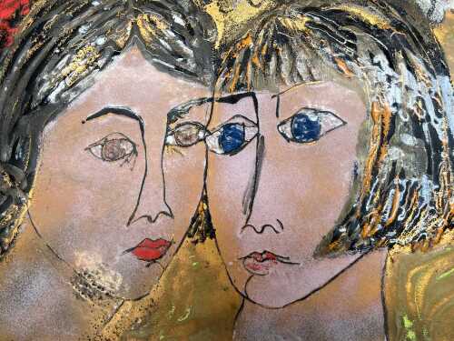 Artist unknown, portrait of two women, 1970. Enamel painting on metal panel
