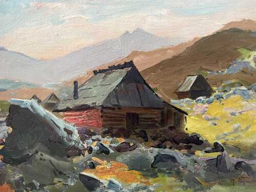 Artist unknown, mountain landscape with houses. Oil painting on board