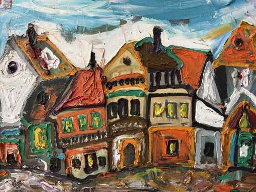 Artist unknown, chunky colour block European village. Oil painting on canvas