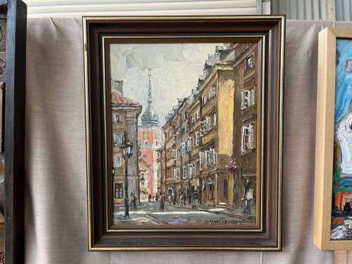 Max Pawlowski, Polish streetscape. Mid-century oil painting on board
