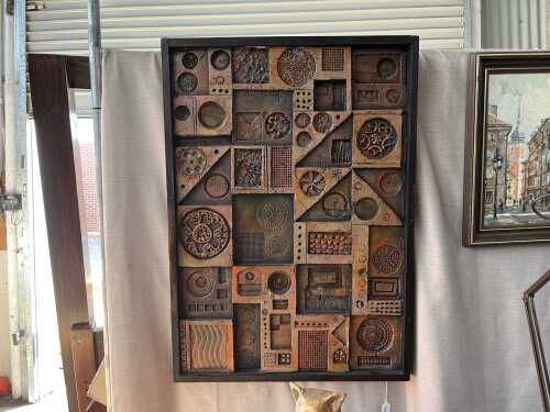 Anthony Harvey, untitled Brutalist wall panel, 1974. Framed painted plaster relief sculpture
