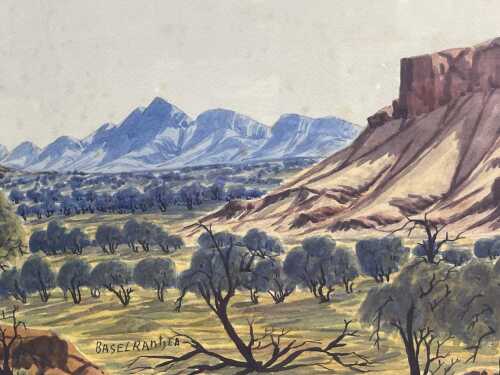 Basil Rantji (1936-1999, Hermannsburg School), MacDonnell Ranges landscape. Watercolour painting on paper