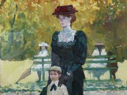 Gerrard George Lants (1927-98), mother and son in park. Gouache painting on paper