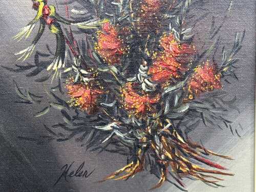 Helen Picton, Bottlebrush Kangaroo Paw. Oil painting on board