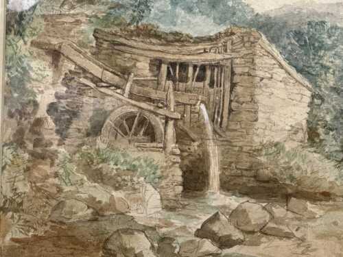 William Ellis (19th century, British), Mill at Bettws-Y-Coele, North Wales, 1851. Antique watercolour painting on paper