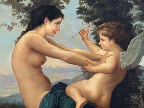 M. Young (after William-Adolphe Bouguereau), Young Girl Defending Herself Against Eros. Oil painting on canvas